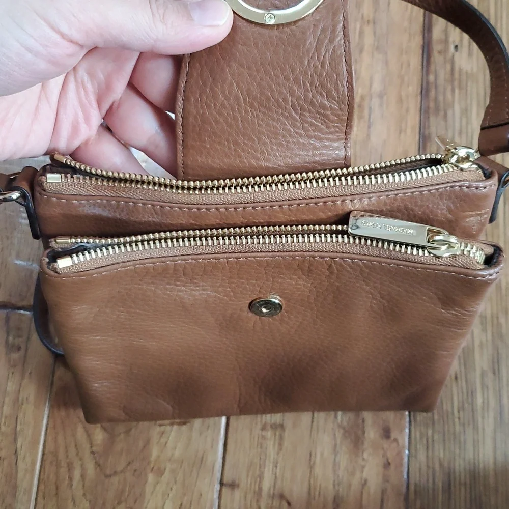 Michael Kors Fulton Double Zip Tan Leather Crossbody Bag